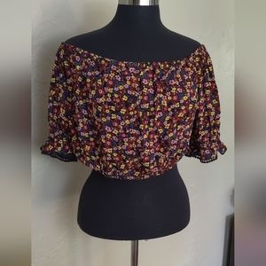Xhilaration Floral Crop Top Crochet Ball Detailing on Sleeves